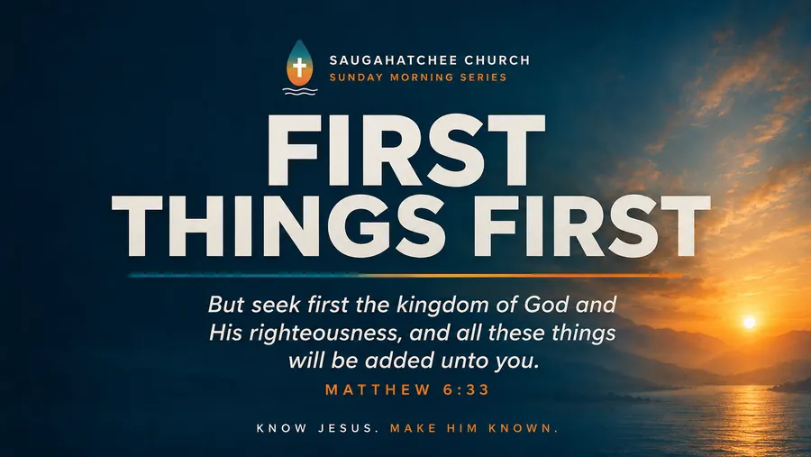 First Things First — an eight-week journey of putting Jesus first. Sunrise over still water.